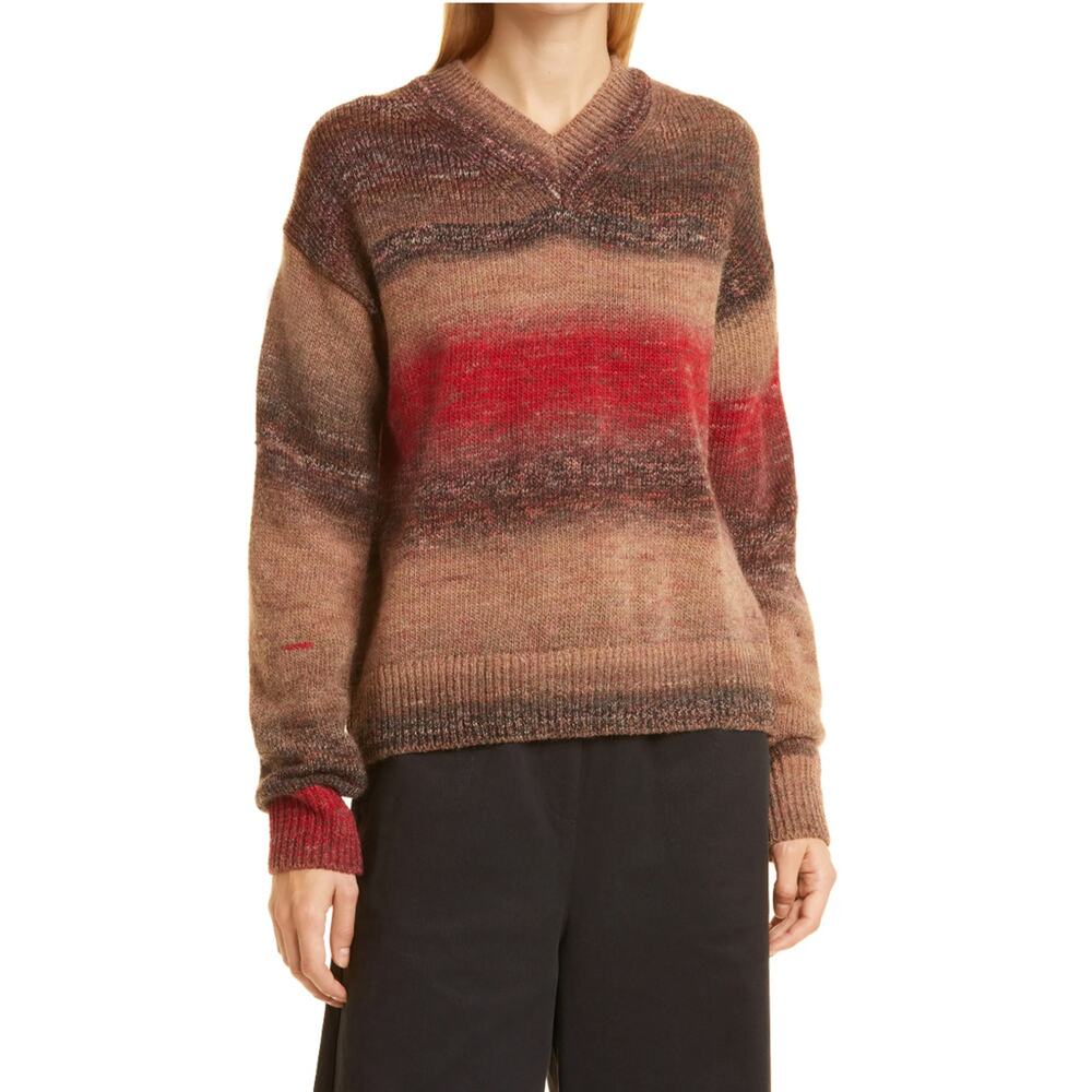 Samsoe Samsoe Womens Size XL Zoe Stripe V-Neck Sweater Fired Brick Brown Red NEW